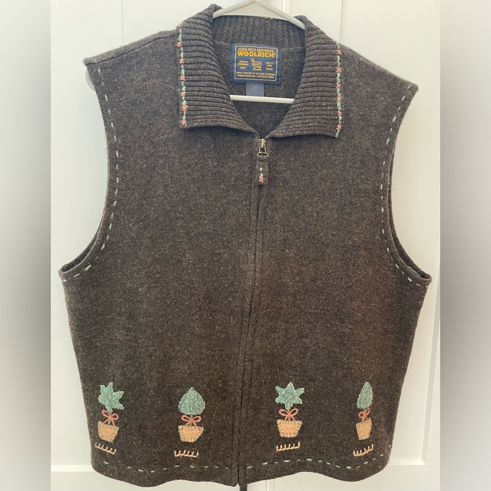 Vintage Woolrich Lambs Wool Vest HOMESTEAD Brown Topiary Plant Cottagecore XL - Picture 2 of 8